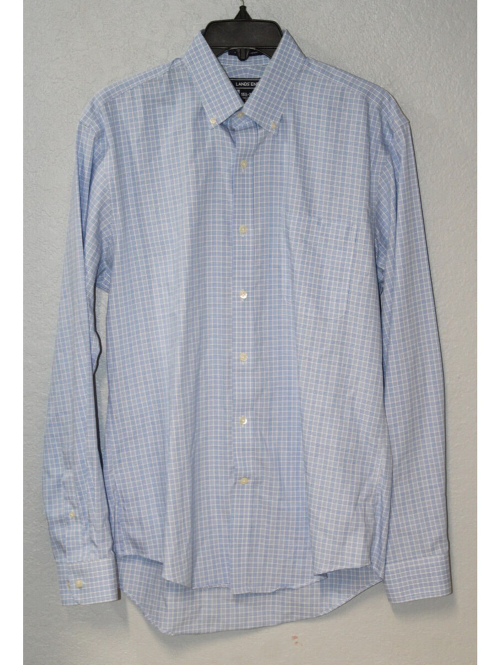 Lands' End Men 15.5-35 Tailored Fit Plaid Blue No Iron Supima Pinpoint Shirt